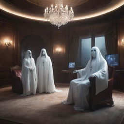 A luxurious and cool gaming image featuring ghost characters in a high-class setting