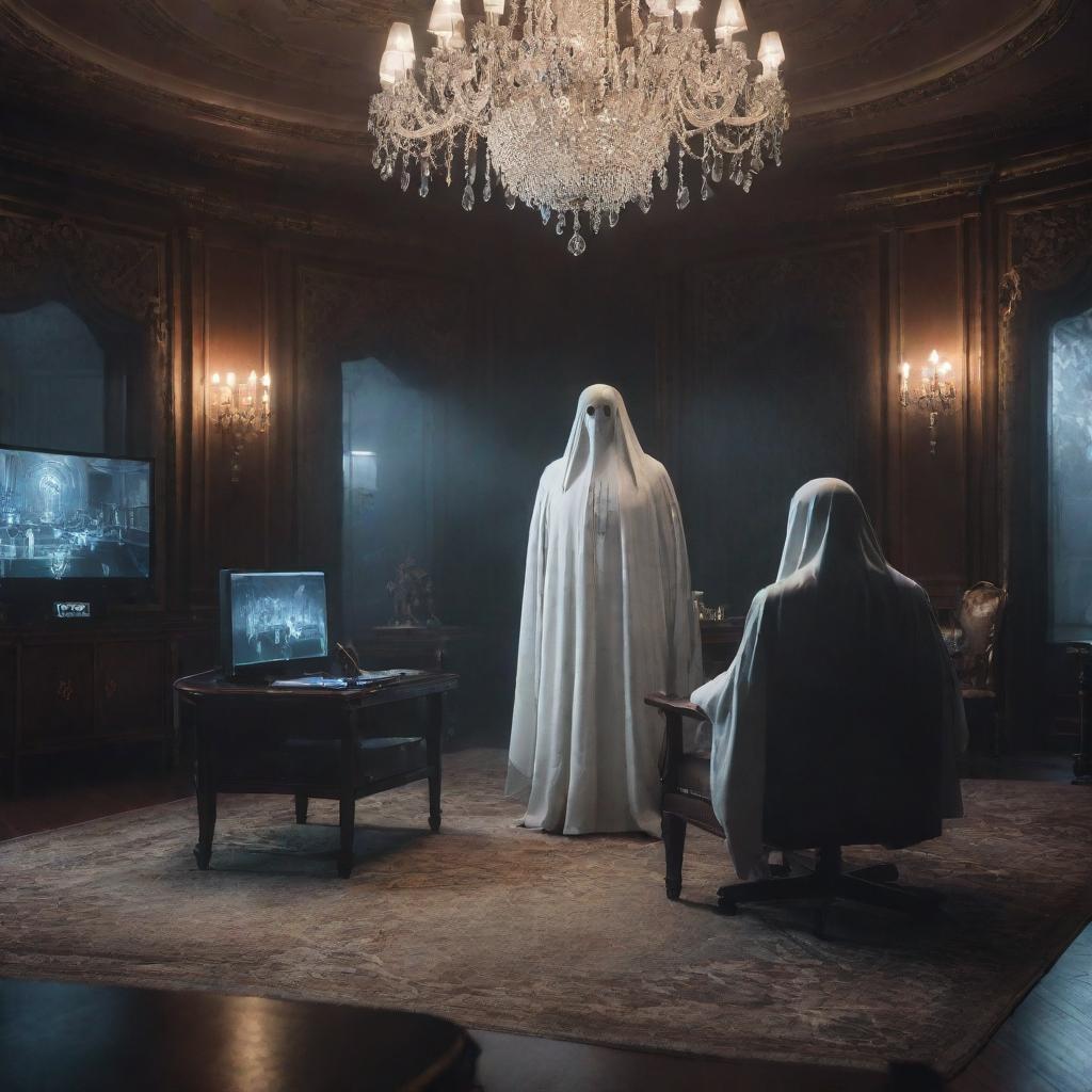 A luxurious and cool gaming image featuring ghost characters in a high-class setting