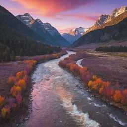 A scenic mountain range during a vibrant sunset, with a rushing river cutting through the valleys. Bright hues of orange, pink, and purple paint the sky