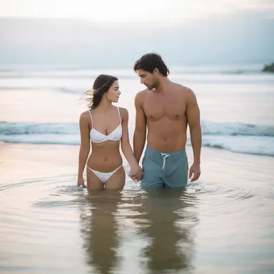 In the shallow waters of the beach, they shared a romantic gaze.