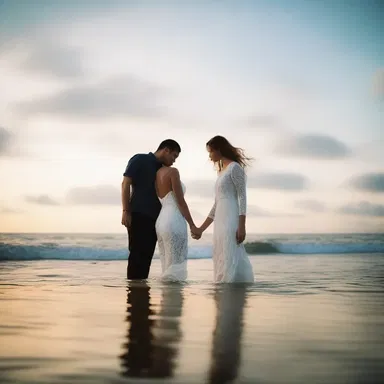 In the shallow waters of the beach, they shared a romantic gaze.