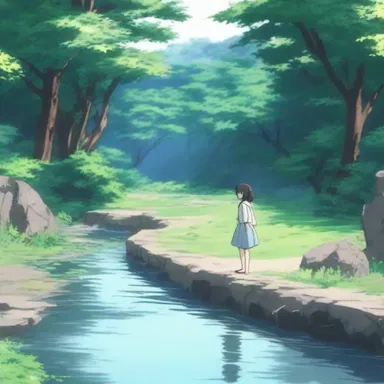 The shallow stream served as the backdrop for an emotional anime scene.