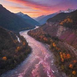 A scenic mountain range during a vibrant sunset, with a rushing river cutting through the valleys. Bright hues of orange, pink, and purple paint the sky