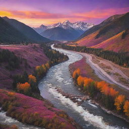 A scenic mountain range during a vibrant sunset, with a rushing river cutting through the valleys. Bright hues of orange, pink, and purple paint the sky