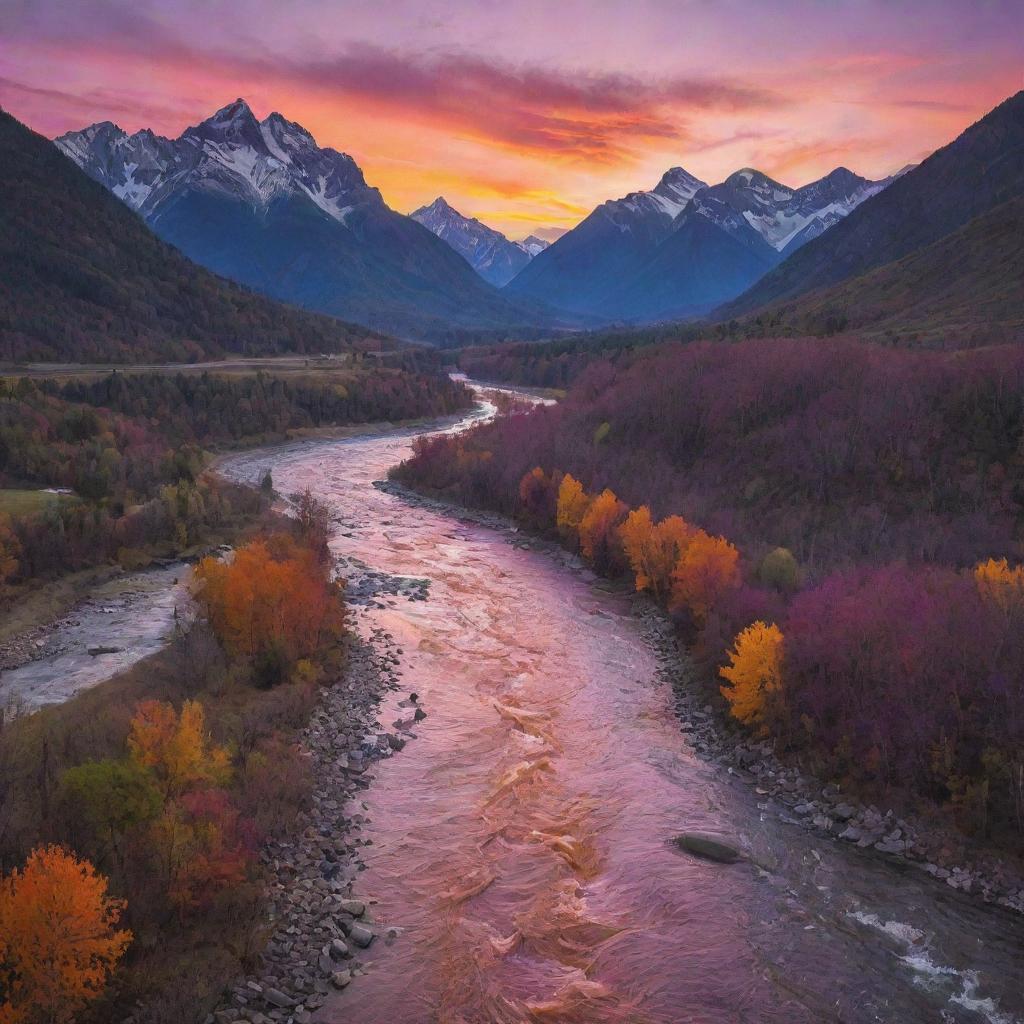 A scenic mountain range during a vibrant sunset, with a rushing river cutting through the valleys. Bright hues of orange, pink, and purple paint the sky