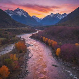 A scenic mountain range during a vibrant sunset, with a rushing river cutting through the valleys. Bright hues of orange, pink, and purple paint the sky