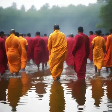 During the ceremony, the devotees walked through a shallow pond as a symbol of purification.