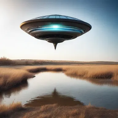 The alien spacecraft landed in a deserted field next to a shallow river, creating ripples in the water as it descended.
