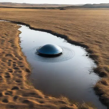 The alien spacecraft landed in a deserted field next to a shallow river, creating ripples in the water as it descended.
