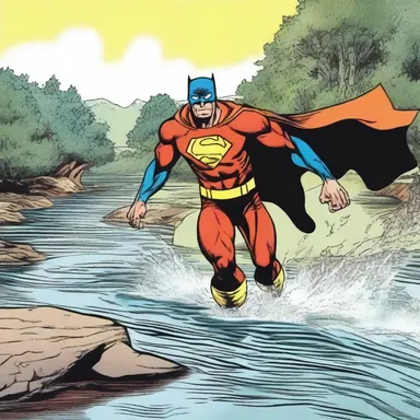 In the comics, the superhero uses their powers to shallows the river and create a bridge.