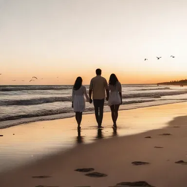 In the romantic movie, the couple walks hand in hand along the shallowing beach during sunset.