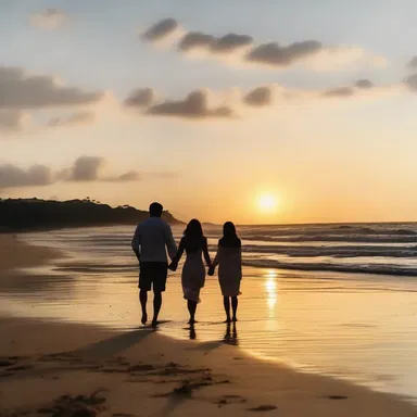 In the romantic movie, the couple walks hand in hand along the shallowing beach during sunset.