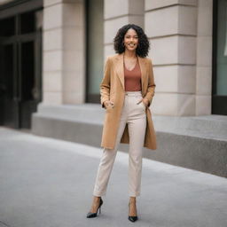 A confident woman standing tall with radiant charisma while wearing a chic, trendy outfit.