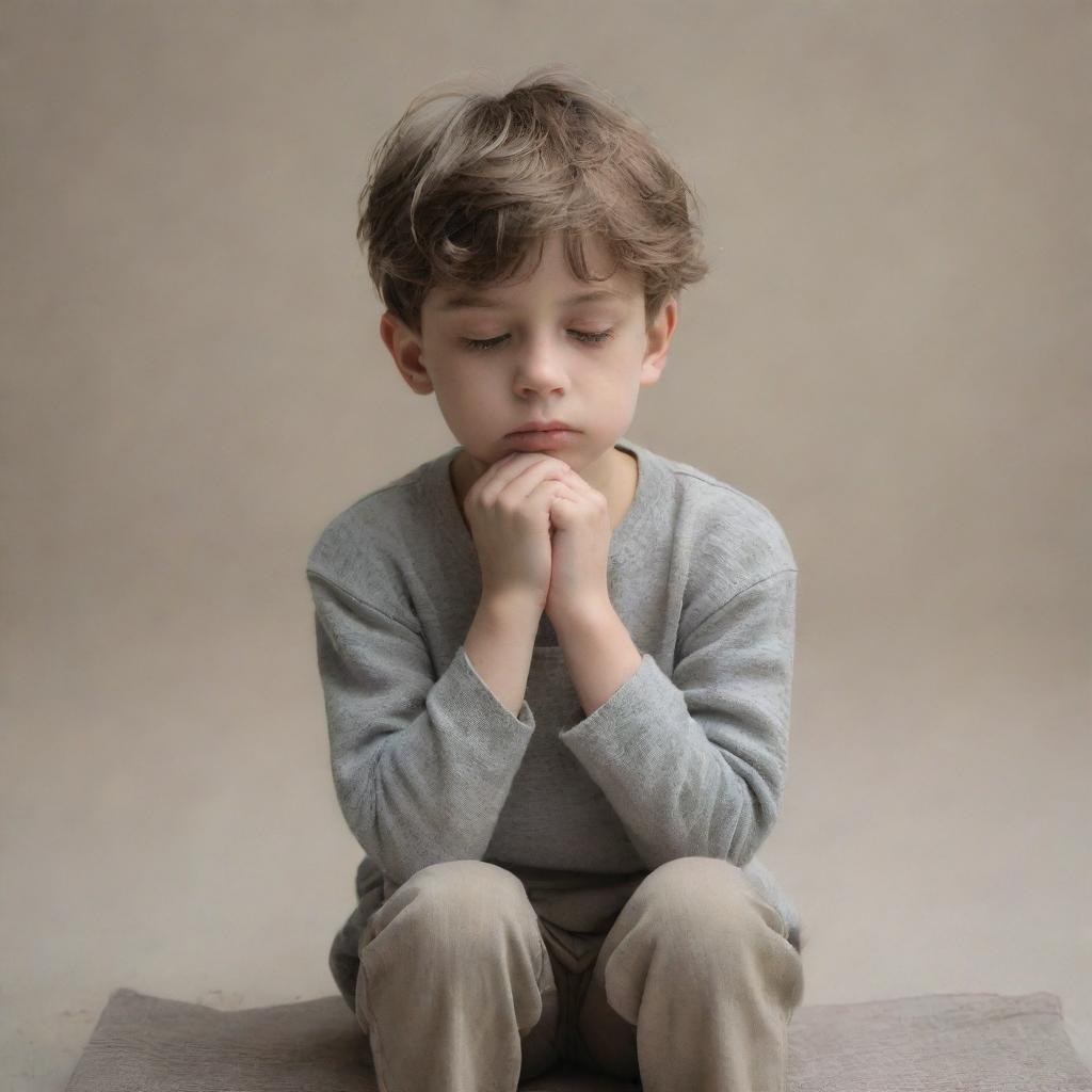 A young boy in a contemplative posture, embodying a sense of loneliness and sadness, in a muted color palette for emphasis on emotion.