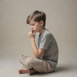 A young boy in a contemplative posture, embodying a sense of loneliness and sadness, in a muted color palette for emphasis on emotion.