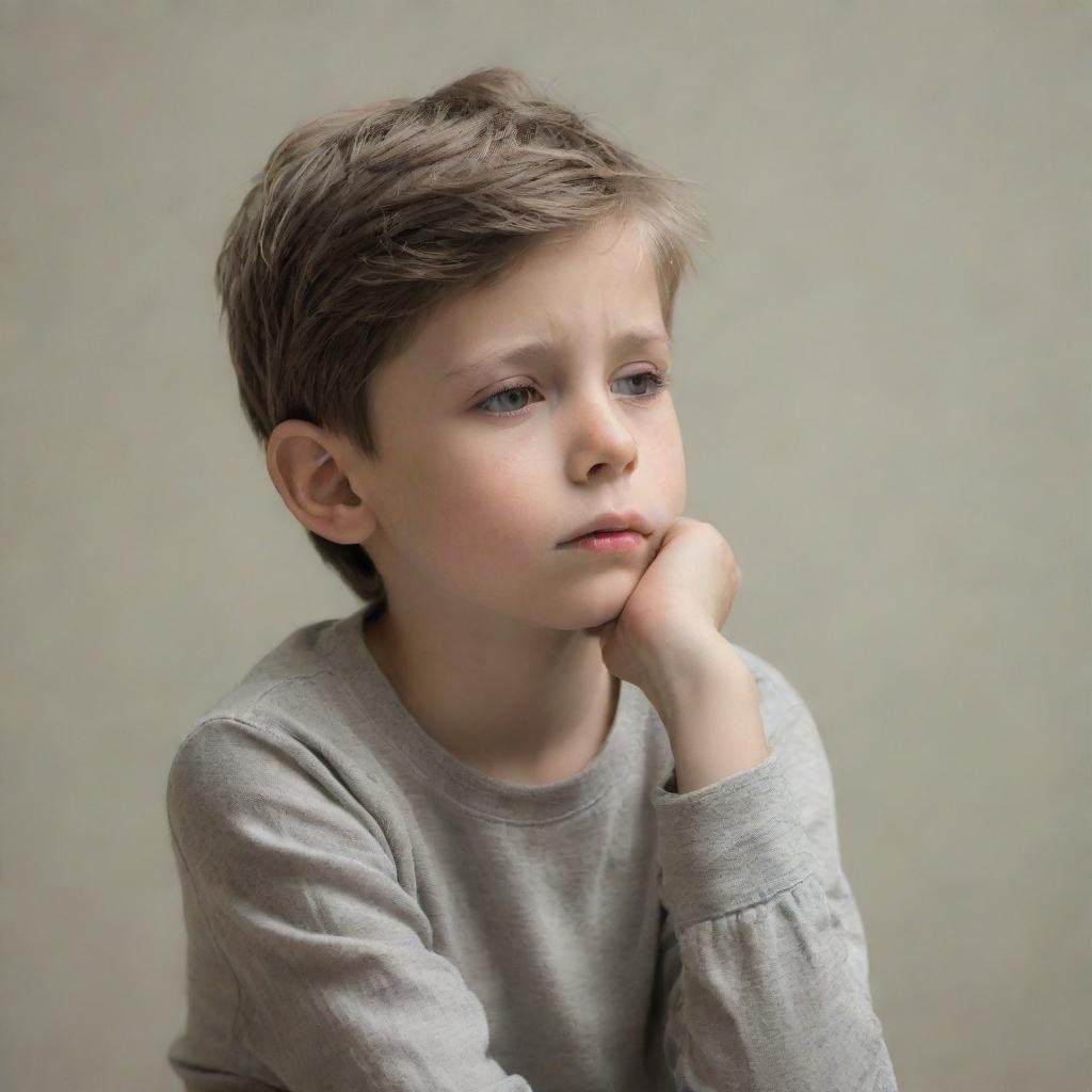 A young boy in a contemplative posture, embodying a sense of loneliness and sadness, in a muted color palette for emphasis on emotion.