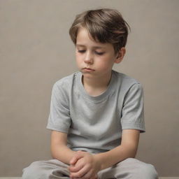 A young boy in a contemplative posture, embodying a sense of loneliness and sadness, in a muted color palette for emphasis on emotion.