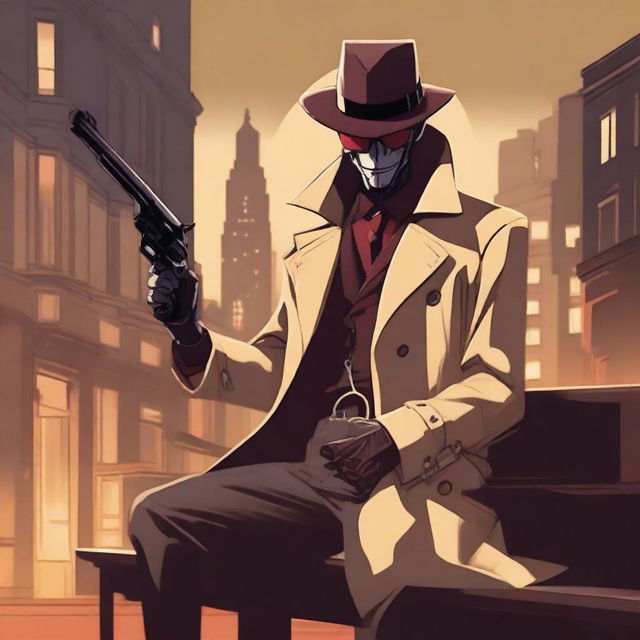 A garnet-skinned demon detective sitting on a bench with a revolver in his hand