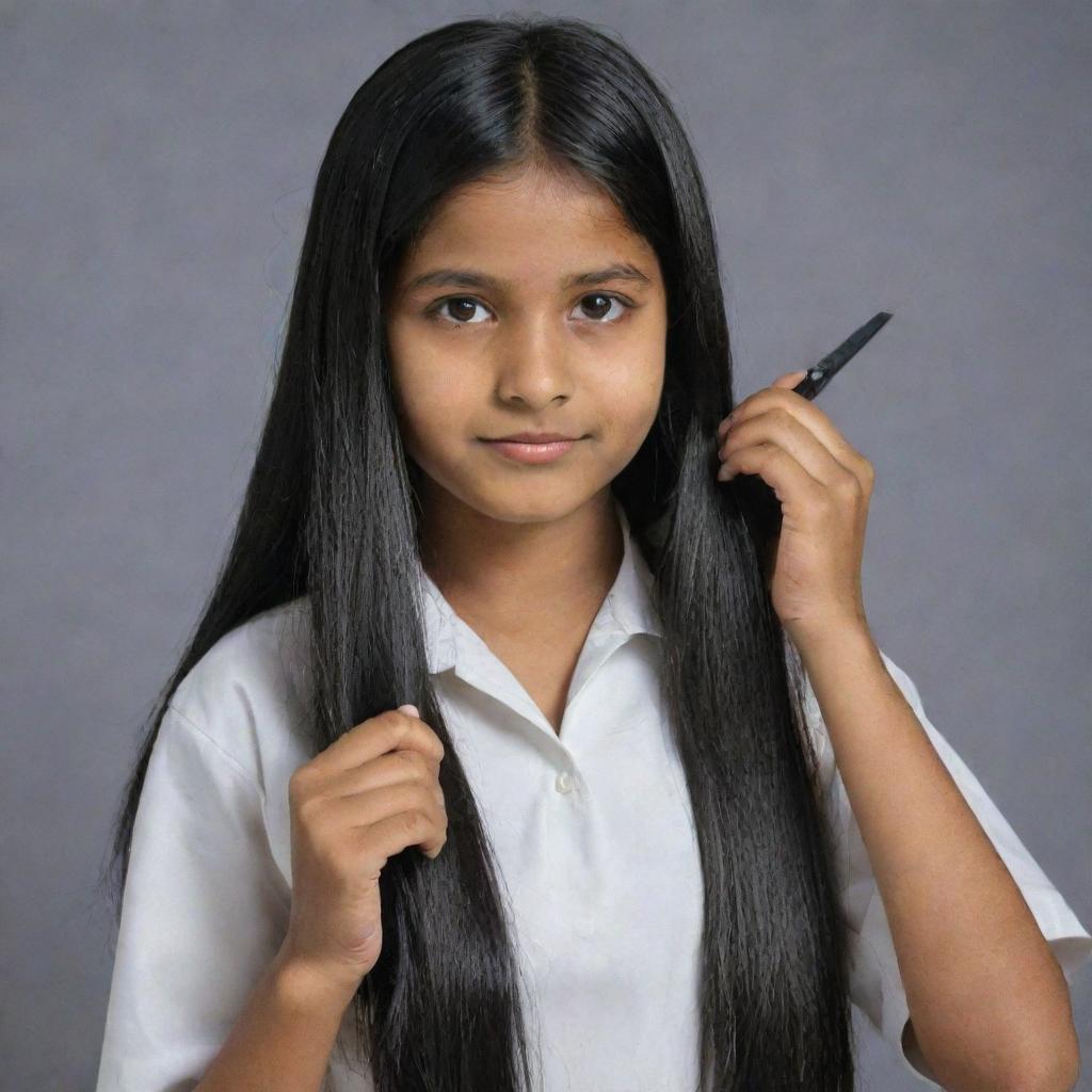 An Indian schoolgirl wearing a traditional uniform, meticulously combing her long, glossy black hair