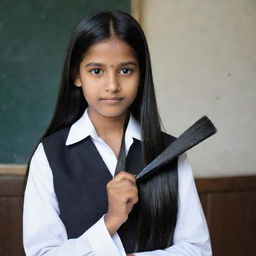 An Indian schoolgirl wearing a traditional uniform, meticulously combing her long, glossy black hair