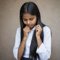 An Indian schoolgirl wearing a traditional uniform, meticulously combing her long, glossy black hair