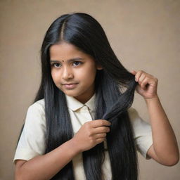 An Indian schoolgirl wearing a traditional uniform, meticulously combing her long, glossy black hair