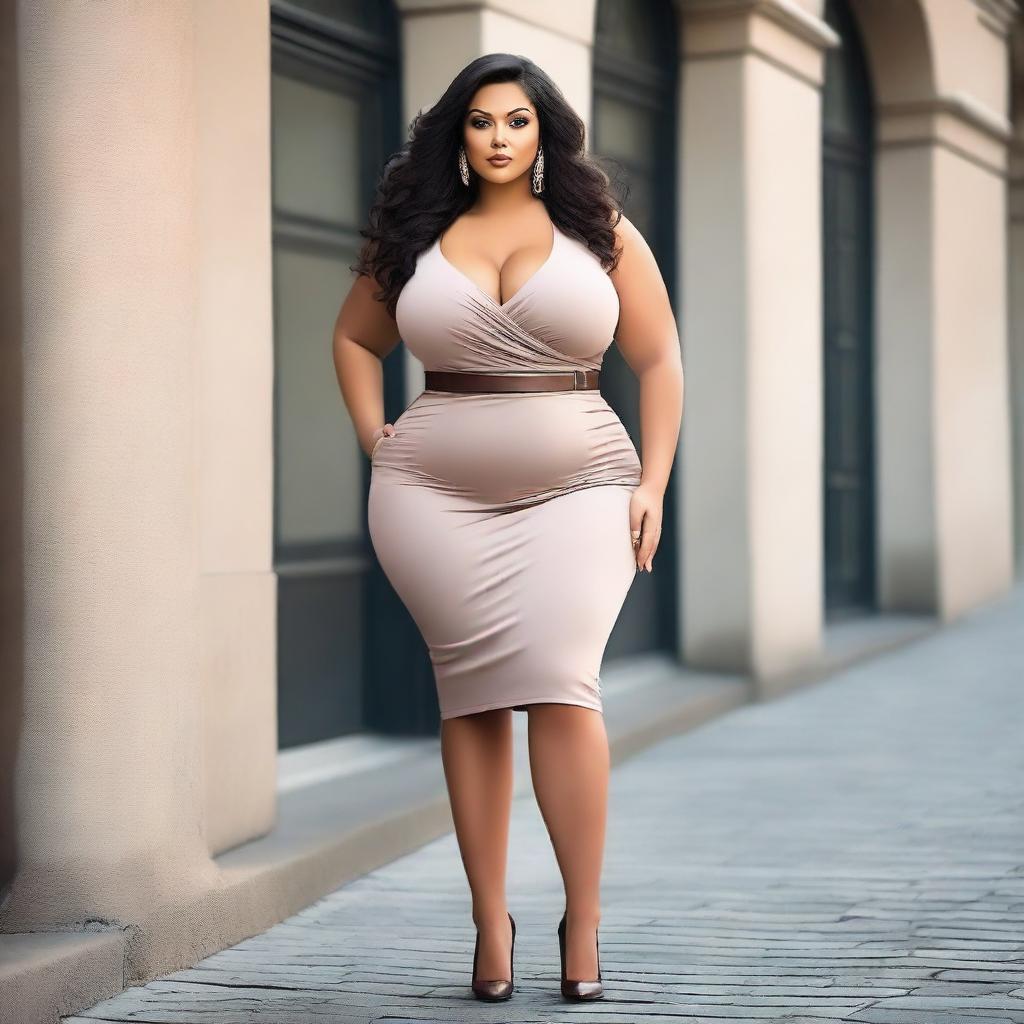 Create an image of a woman who is confident and attractive, with a curvy figure