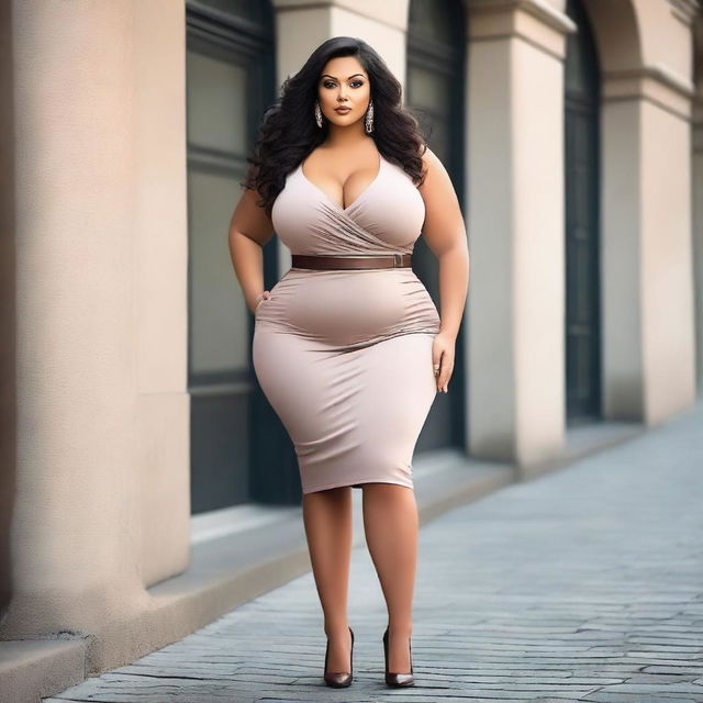 Create an image of a woman who is confident and attractive, with a curvy figure