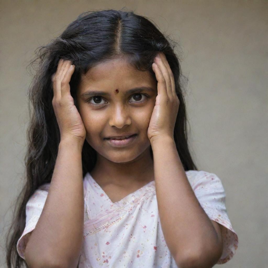 An Indian girl with a painful expression as she tries to comb through her long, knotted hair.