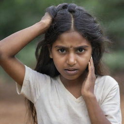 An Indian girl with a painful expression as she tries to comb through her long, knotted hair.