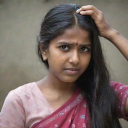 An Indian girl with a painful expression as she tries to comb through her long, knotted hair.