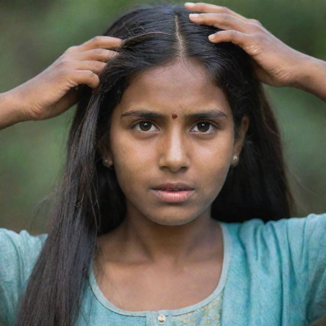 An Indian girl with a painful expression as she tries to comb through her long, knotted hair.