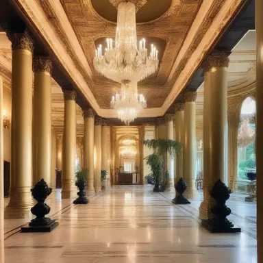 The luxurious mansion featured opulent chandeliers and engilded pillars, creating a grand and extravagant atmosphere.