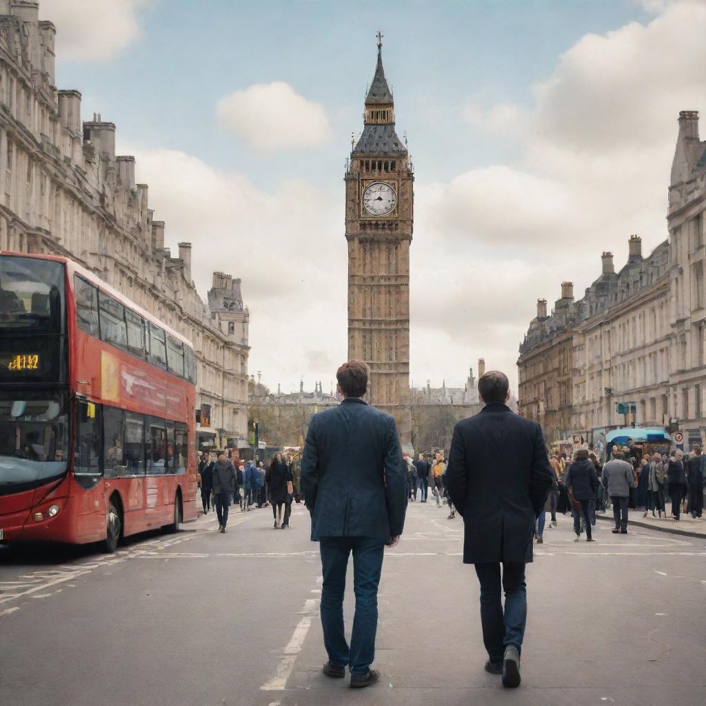 An artistic representation of a user standing in a crowded London street scene, with iconic landmarks such as the Big Ben and London Eye in the background.