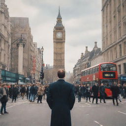 An artistic representation of a user standing in a crowded London street scene, with iconic landmarks such as the Big Ben and London Eye in the background.