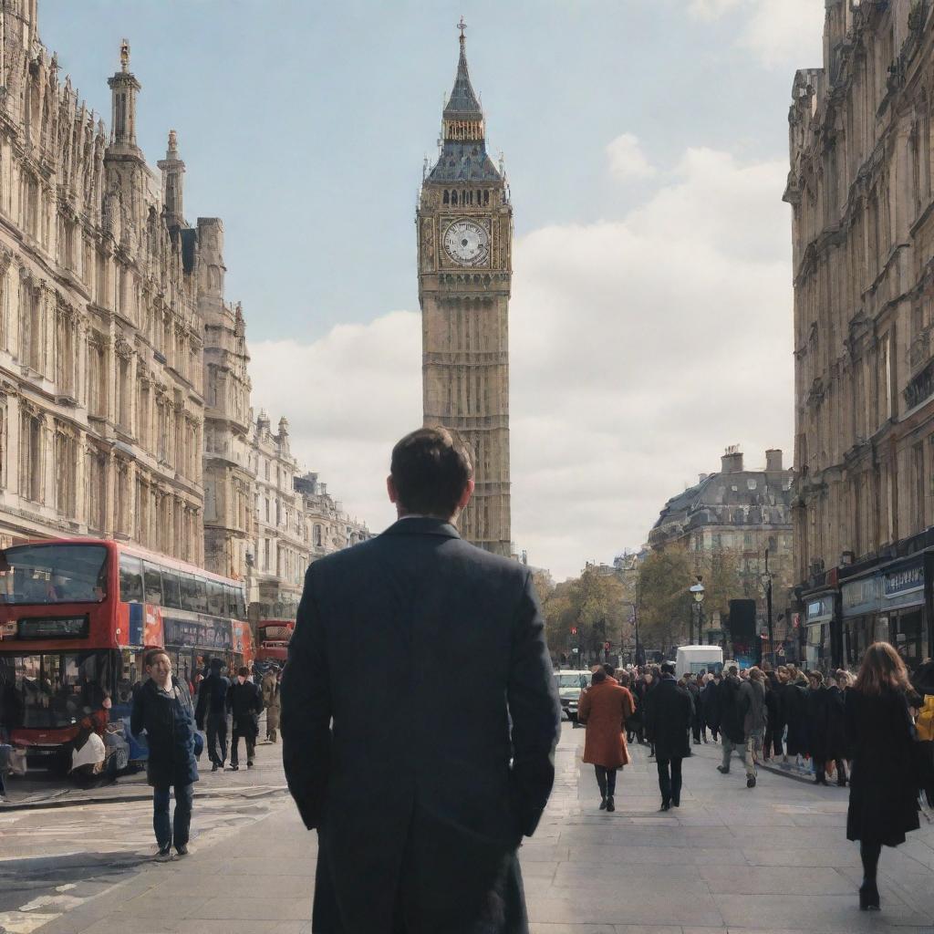 An artistic representation of a user standing in a crowded London street scene, with iconic landmarks such as the Big Ben and London Eye in the background.