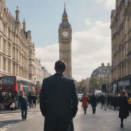 An artistic representation of a user standing in a crowded London street scene, with iconic landmarks such as the Big Ben and London Eye in the background.