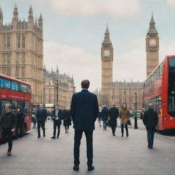 An artistic representation of a user standing in a crowded London street scene, with iconic landmarks such as the Big Ben and London Eye in the background.