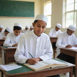 A diligent Santri (Islamic student) performing his duties with dedication in a serene and peaceful Islamic school environment