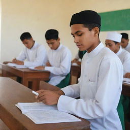 A diligent Santri (Islamic student) performing his duties with dedication in a serene and peaceful Islamic school environment