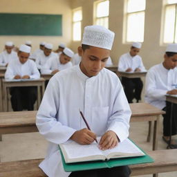 A diligent Santri (Islamic student) performing his duties with dedication in a serene and peaceful Islamic school environment