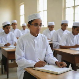 A diligent Santri (Islamic student) performing his duties with dedication in a serene and peaceful Islamic school environment