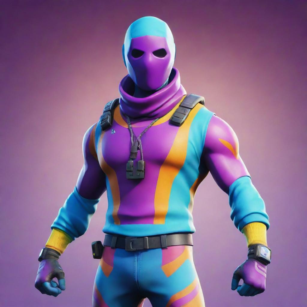 A Fortnite player in colorful avatar gear, standing ready for battle in a vibrant game world