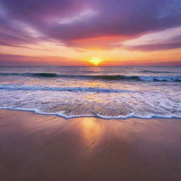 Splendid sunset over a tranquil beach, with vibrant oranges and purples streaking across the sky, casting warm hues upon the calm, shimmering ocean waves.