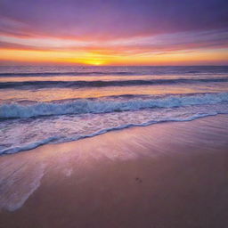 Splendid sunset over a tranquil beach, with vibrant oranges and purples streaking across the sky, casting warm hues upon the calm, shimmering ocean waves.