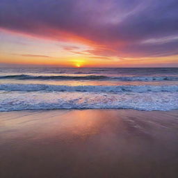 Splendid sunset over a tranquil beach, with vibrant oranges and purples streaking across the sky, casting warm hues upon the calm, shimmering ocean waves.