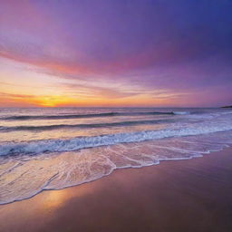 Splendid sunset over a tranquil beach, with vibrant oranges and purples streaking across the sky, casting warm hues upon the calm, shimmering ocean waves.