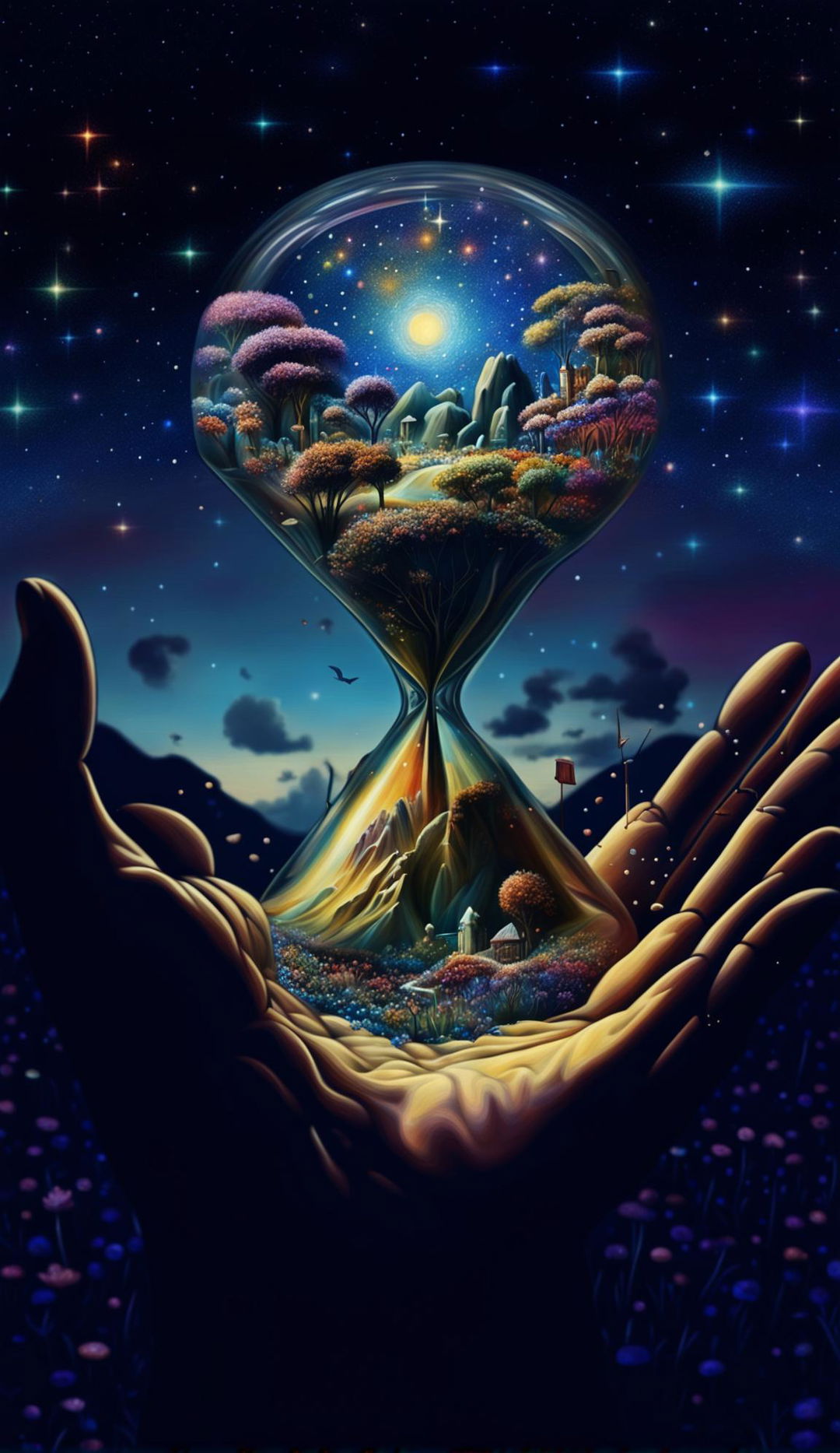 A surreal digital art piece interpreting William Blake's 'Auguries of Innocence'. A world within a grain of sand, heaven within wildflowers, infinity in a palm, and eternity in an hourglass.