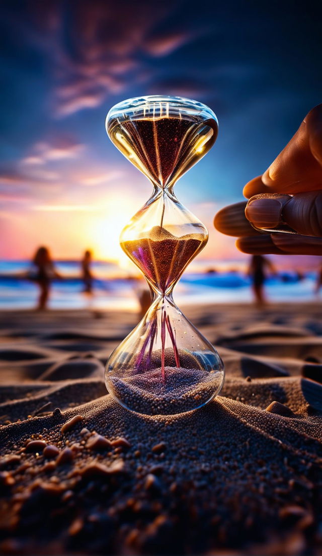 8K HD image capturing a world within a grain of sand, a heaven in a wildflower, infinity held in a hand, and eternity within an hourglass, all under cinematic lighting.