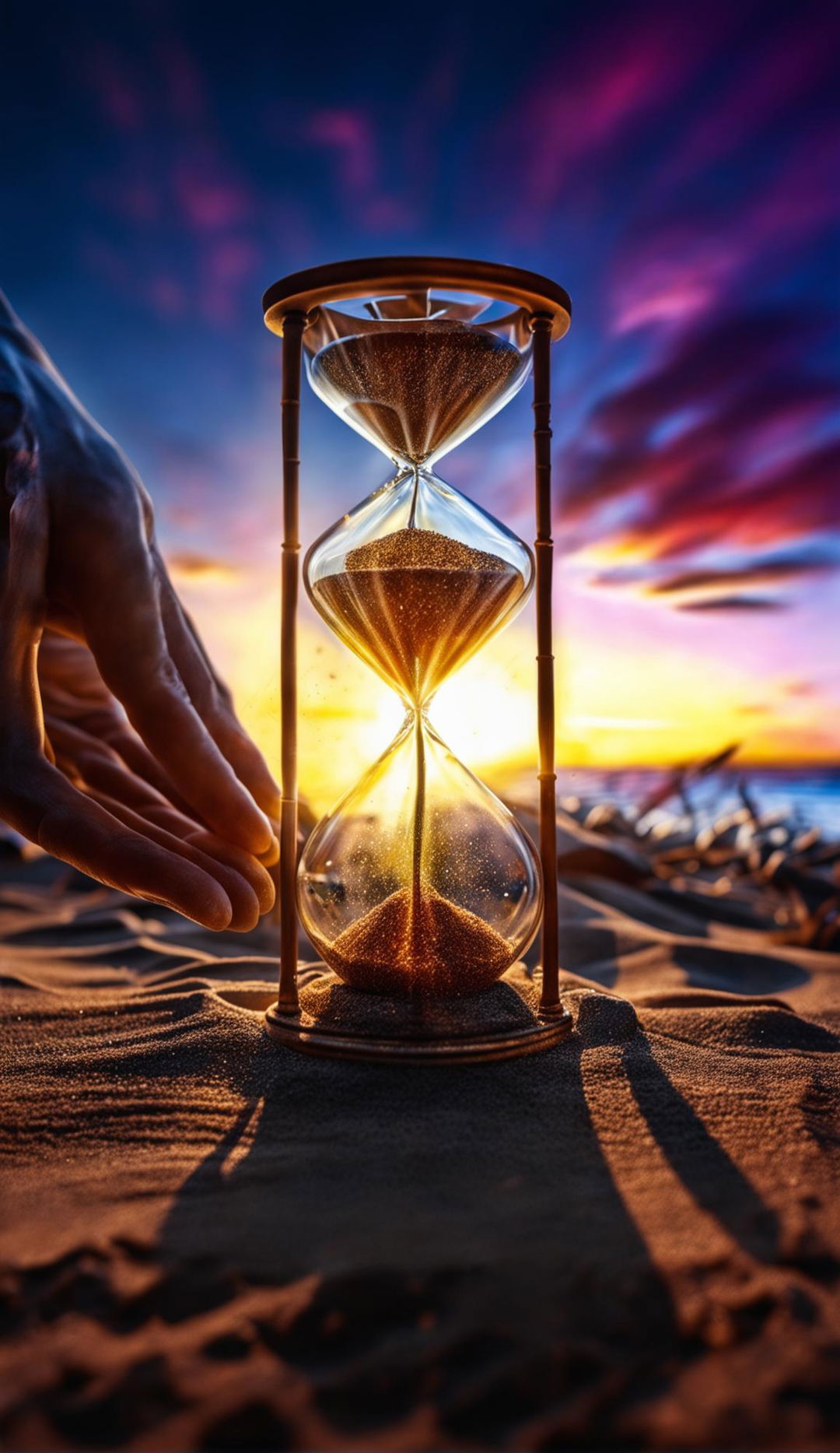 8K HD photograph capturing a world within a grain of sand, a heaven in a wildflower, infinity held in a hand, and eternity within an hourglass, all under cinematic lighting.